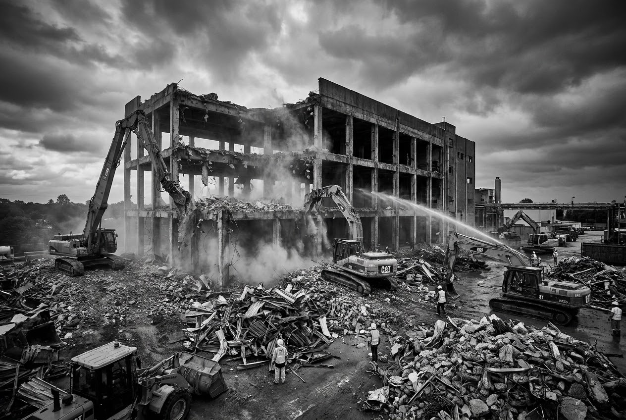 Controlled demolition of an industrial structure with debris sorting