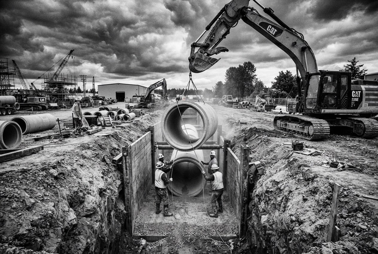 Crew and excavator laying large concrete drainage pipes in a shored trench