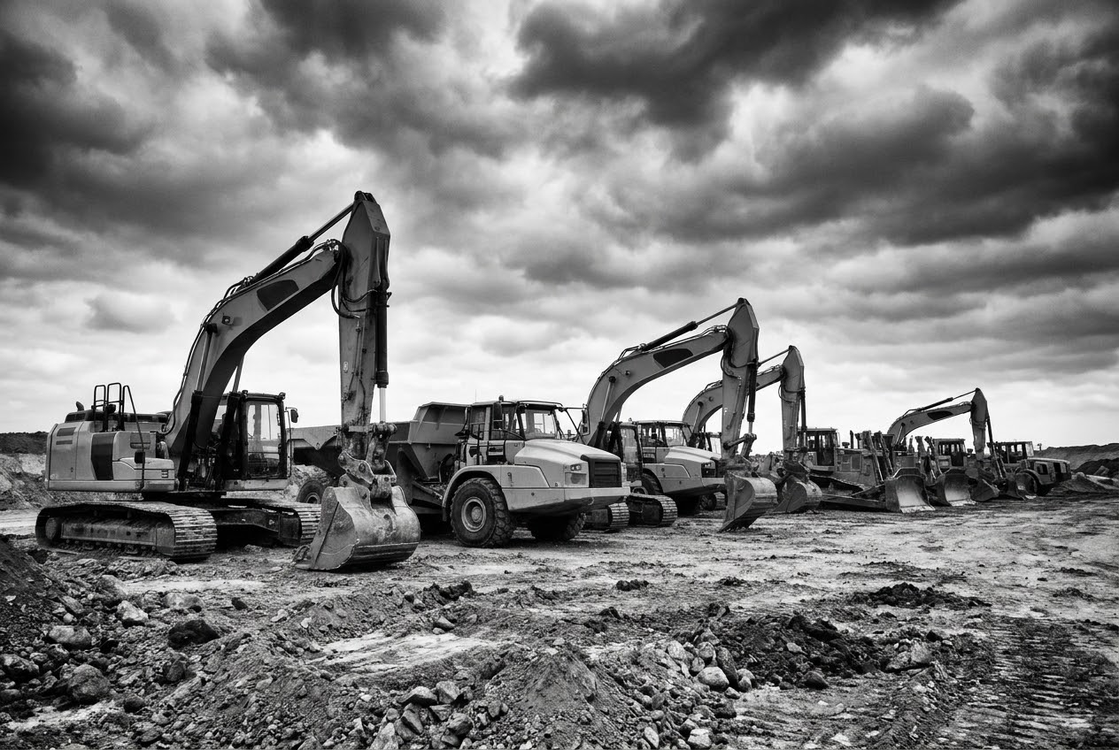 Fleet of earthmoving machines lined up under a dramatic sky