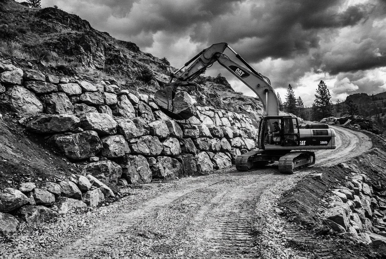 Excavator finishing a rock retaining wall along a graded gravel access road