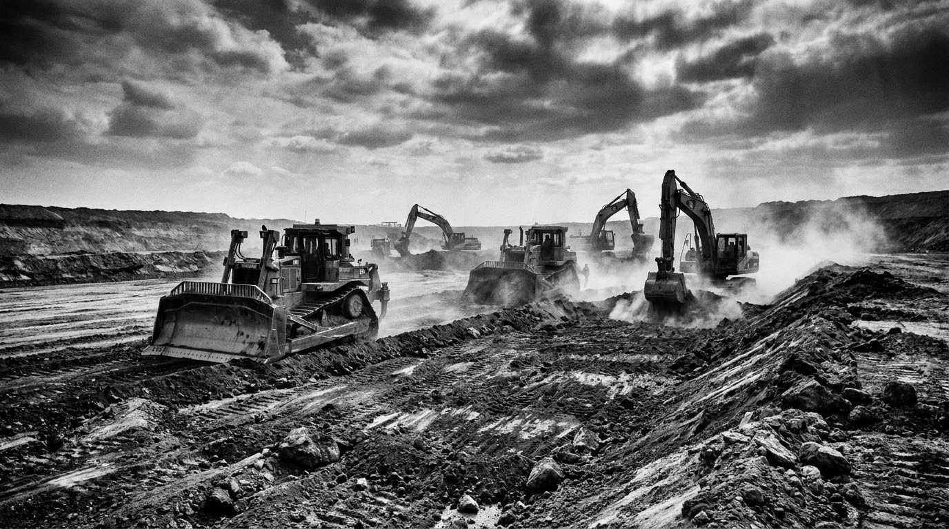 Bulldozers and excavators preparing a large industrial logistics platform